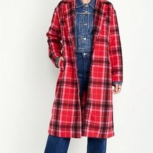 NWOT Old Navy Red and Black Tartan Plaid Long Coat Trench ~ Size Extra-Large